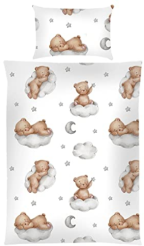 Juego de ropa de cama infantil de 2 piezas (100 x 135 cm/40 x 60 cm), 100% algodón, ropa de cama de bebé con diseño de osos nubes