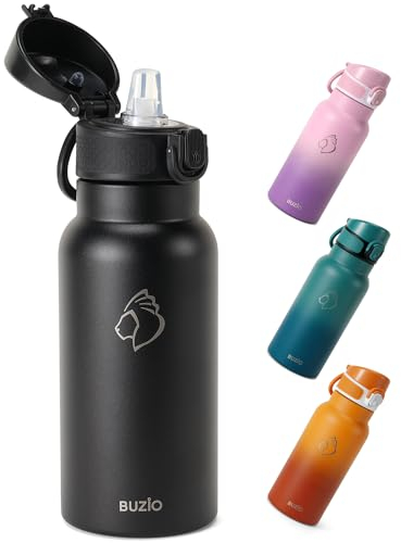 BUZIO Insulated Water Bottle 500ml - Stainless Steel Water Bottle with Straw for School - BPA Free - 100% Leak Poof - Lockable POPUP Lid - Toddler Water Bottle 500ml - Black