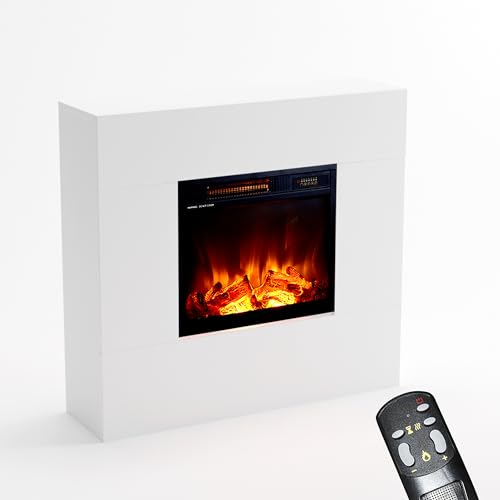 KAMINLICHT Stufa elettrica NEO 1 - Caminetto elettrico con riscaldamento, fuoco LED, ventilatore, decorazione in legno, telecomando, max. 1500 W - 95x84x25 cm, Bianco