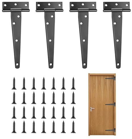 KJLEEN 4 Piezas Bisagras T Puertas Madera Exterior Negras 200mm Grandes Bisagra Puerta con 28 Bisagras de Tornillo para Puertas de Cobertizo, Puertas de Jardín, Ventanas
