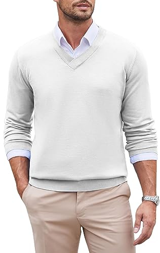 COOFANDY Maglione Uomo Bianco Scollo V Pullover Classico Invernale Maglia Fine Regular Fit Maglione Elegante Casual Ufficio Pullover Basic Uomo Bianco S