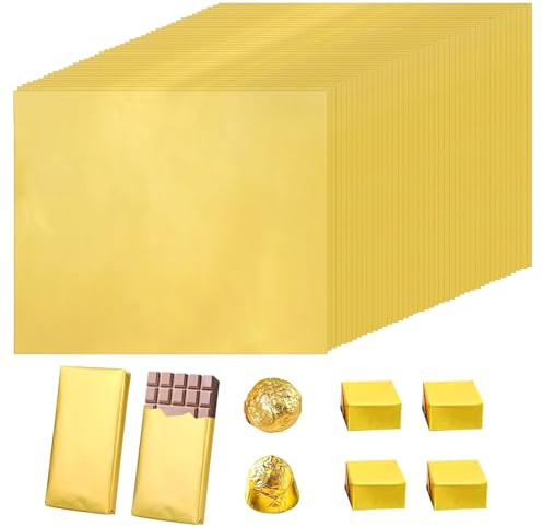 LUHOCIY Lot de 100 feuilles d'aluminium dorées pour chocolat - Emballage pour Dubaï et Noël (19 x 16 cm)
