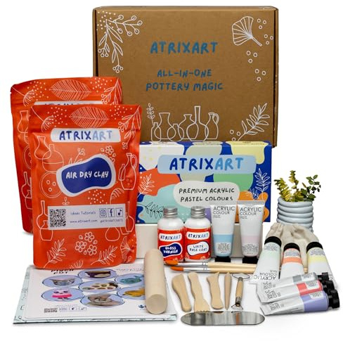 Atrixart All in One Pottery Kit for Beginners. The Craft Kit has 2kg Air Dry Clay for Adults, How to Guides & Templates, Paints and Modelling Clay Sculpting Tools (Pastel Colours)