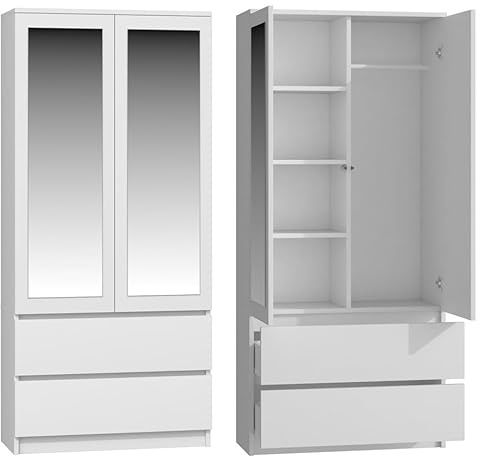 BDW Armadio con specchio, 90 x 180 x 50 cm, 2 cassetti, 4 ripiani, ideale per una camera da letto, corridoio, cameretta dei bambini o ufficio, appendiabiti (bianco)