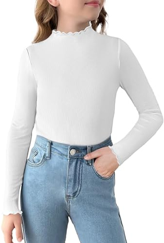 Arshiner Suéter De Punto Blanco para Niña Camisa De Manga Larga Suéter De Cuello Alto Color Liso Camisetas Ajustadas para Niños Camisa De Punto con Volantes 150/10-11 Años