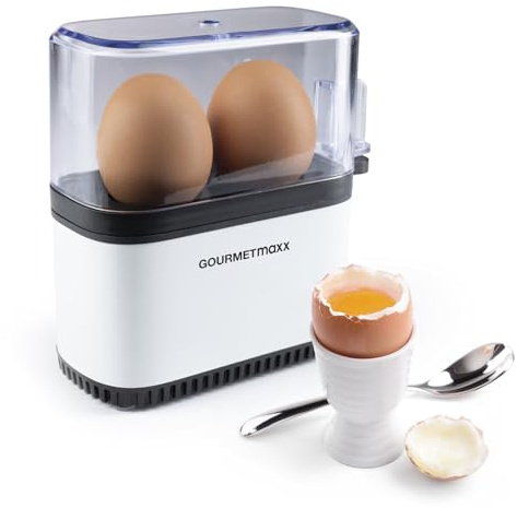 GOURMETmaxx Cuociuova per 2 uova, scaldabagno con tagliauova nel misurino, 3 gradi di durezza per il tuo portauova, design cuociuova piccolo, parti lavabili in lavastoviglie