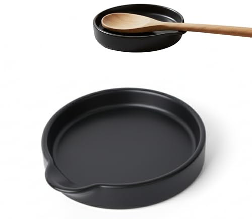 Kook Time Reposacucharas de Cerámica Grande CURVE - Soporte para Utensilios de Cocina, Cucharones y Espátulas. Plato Pequeño Multiusos para Aperitivos o Vaciabolsillos. Ø 15.5 cm. - Negro mate