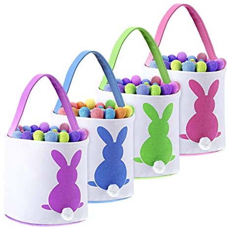 Blulu 4 Pcs Easter Bunny Basket Bags for Kids Reusable Shopping Bunny Totes Eggs Hunt Bags Canvas Gift Basket with Tail for Eggs Toys Hunts Party Favor Easter Party Decoration