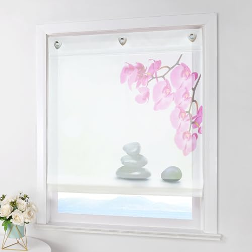ESLIR Raffrollo Ohne Bohren Gardinen Küche Raffgardinen mit Ösen Transparent Ösenrollo Vorhänge mit Blumen Druck Voile Weiß BxH 100x140cm 1 Stück