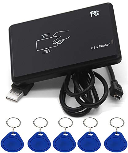 Amao Lettore di schede IC RFID Non-Contact 14443A con interfaccia USB + 5 x 13,56 MHz T5577 / EM4305 Key Fobs