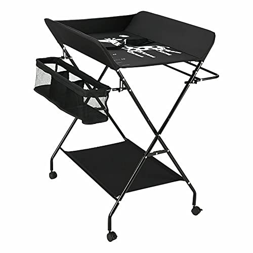 Cambiador plegable, altura ajustable, mesa plegable con/sin ruedas, cambiador móvil con estera, cinturón de seguridad y compartimentos de almacenamiento. Adecuado para bebés y niños pequeños (d)