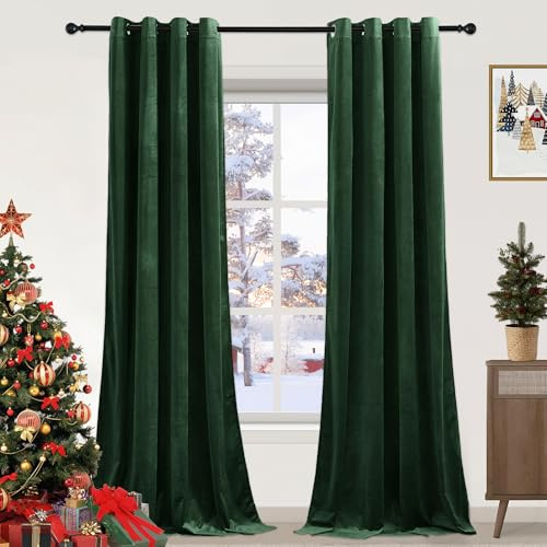 PONY DANCE Dark Green Velvet Curtains - 1 Pair of Luxury Curtains & Drapes Elegant Home Decor Window Treatment for Nursery Room/Girls Bedroom, Eyelet BlackoutCurtains 52x90 inches