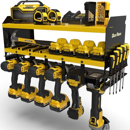 Toolganize Power Tool Organiser, Storage Rack with Power Strip Charging Station, Heavy-Duty for Workshop & Garage Tools - 6 Slot, Yellow.