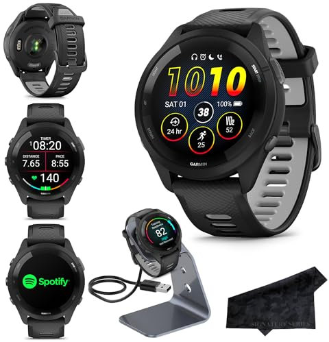 Garmin Forerunner 265 Advanced Multisport Touchscreen Smartwatch, Black, Heart Rate Monitor, Daily Suggested Workouts, Up to 13 Day Battery Life - Signature Series Charging Bundle