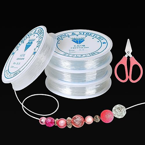 Furuising 4 Rouleaux Fil Elastique pour Bracelet Transparent, 0.5mm Fil de Perles en Élastique, Invisible Cristal Cordes avec 1pc Ciseaux pour Bracelet Pearl Collier