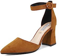 QUEEN HELENA Zapatos Elegantes de Tacón Medio Correa de Tobillo Sandalias de Punta Cerrada Decolte Slingback Mujer ZM9202, camel, 41 EU