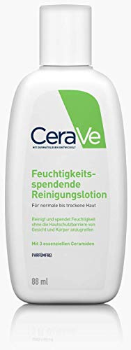 CeraVe Feuchtigkeitsspendende Reinigungslotion für normale bis trockene Haut, sanfte Reinigung für Körper und Gesicht, mit 3 essentiellen Ceramiden und Hyaluron - 2x 88 ml
