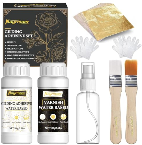 Blattgold Kleber Set, 100 ml Blattgold Kleber und 100 ml Schutzlack auf Wasserbasis, Blattgold 100 Stück, Pinsel, Sprühflasche, Malen, Professionellen Bastelgebrauch, Dekoration（Gilding Adhesive Set)