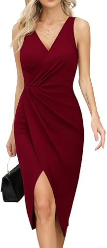 Missufe Vestido de cóctel para mujer, cuello de pico, sin mangas, vestido de fiesta, vestido de fiesta, vestido midi de boda, vestido de