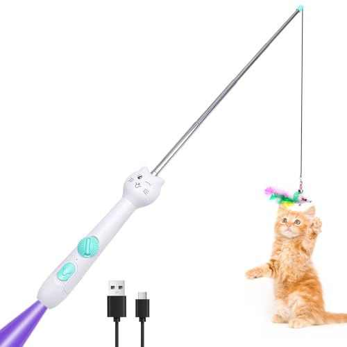 SEVENKA 3in1 Cat Toy, Rechargeable UV Flashlight and Retractable Rod with Feather Toy, USB-C White Light & 395nm Blacklight for Pet Urine Stains, Bed Bugs, Interactive Toy for Cat, Kitten