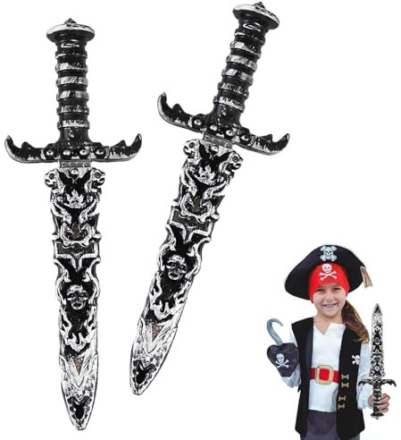 MisFun 2 Pezzi Spada Giocattolo in Plastica, Spada Giocattolo Pugnale Pirata, Coltello Finto Non Affilato, Spada Pirata per Oggetti di Scena Costume Pirata, Festa Pirata (Argento)