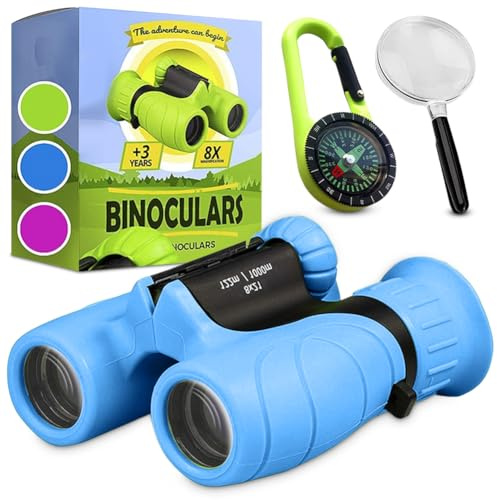 Binocolo per bambini, regali per bambini per bambini e bambine, forte ingrandimento 8X21, binocolo con lente d'ingrandimento e bussola, giocattolo per 3-12 anni (blu)