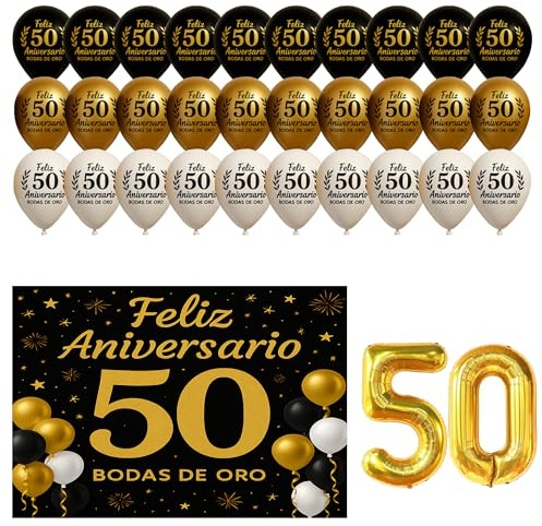 Decoración 50 Aniversario Bodas de Oro Photocall Pancarta 110x80cm Fiesta Matrimonio 50 Años 30 Globos Telón Fondo Globo Dorado Elegante Fotocol Español Homenaje Pareja Regalo Banner Celebracion