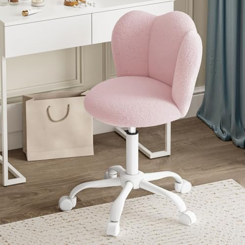 Luxstein Boucle Office Desk Chair, Height Adjustable Swivel Vanity Chair with Thickened Cushion for Home Office Bedroom Dressing Room Study, Pink
