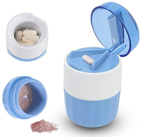 SUNNIFLY Tres en Uno Triplador de Pastilas，Machacador de Pastilas，Pastor de Pastilas y caja de Píldoras，con Cepillo, Fácil de Llevar，Cortar y Almacenar Medicamentos (Azul)