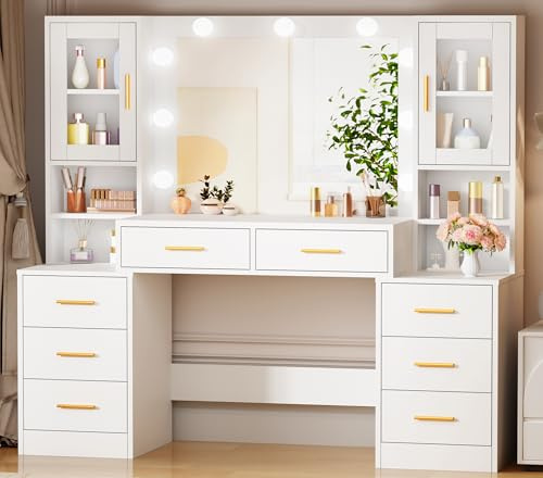 BEWISHOME Großer Schminktisch mit LED Beleuchtung, Einstellbare Helligkeit, Frisiertisch mit Spiegel und 8 Schubladen, Modern Kosmetiktisch mit verstellbaren Ablagen für das Schlafzimmer Weiß EFST37W