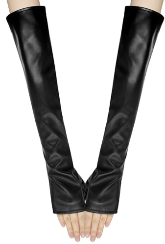 Long Keeper Fingerlose Lederhandschuhe Damen Lang Schwarz Kunstleder Sexy Elegant Handschuhe Ellenbogenlang für Halloween Party Kostüm Kostümzubehör Tanzen