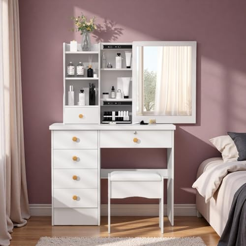 Chicmine White Dressing Table with Mirror and Stool, Girls Dressing Table with Drawers, Make Up Table Girls Vanity Table Set with Mirror, Open Shelves, Hidden Storage Space