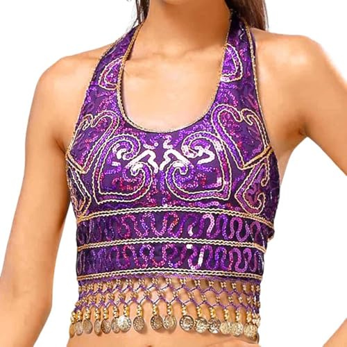 Generisch Top sin mangas para mujer, con lentejuelas, para danza del vientre, top de tirantes