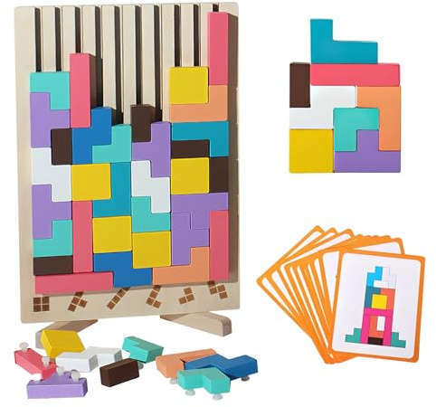 Rompecabezas de Tetris de Madera con Cartas de Juego, Juegos Montessori | Juego de Aprendizaje y Apilamiento Montessori para 3–6 Años, Entrena el Pensamiento Espacial, Ideal como Regalo Creativo