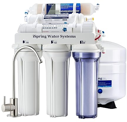 iSpring RCC7D Sistema RO/DI, Sistema di Filtraggio dell'Acqua a Osmosi Inversa a 6 Stadi con Deionizzazione, Sistema d'Acqua RO/DI da 75 GPD per Acquario e Addolcitore d'Acqua con Filtro DI.