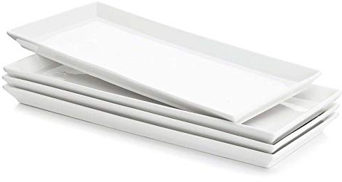 Sweese Rectangular Porcelain Platters, Serving Trays for Parties, 13.8 Inch Large Serving Dishes for Steak, Taco, Sushi, Appetizer, Cake - Dishwasher & Oven Safe - Set of 4, White