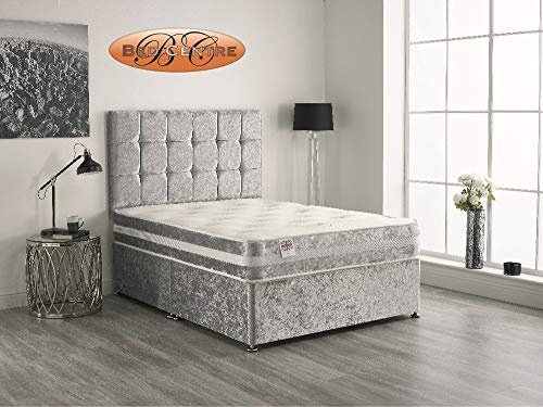 Bed Centre Silver Crush Velvet Divan Bed with Matching Mattress and Headboard 3ft 4ft 4ft6 5ft 6ft (5FT (KING))
