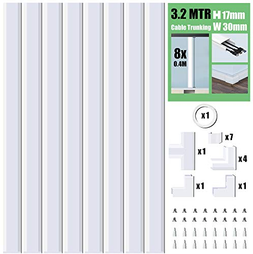 MUDEELA Cable Trunking Kit, 3.2 Meter Concealer, Cable Tidy Cable Raceway, Cable Management Kit for Home Office - 8X L400mm, W30mm H17mm, White