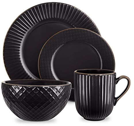 Tower T867002BLK Empire 16 Piece Dinnerware Set, Stoneware, Black and Brass