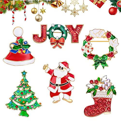 MELLIEX 6 Pezzi Spilla di Natale Pin en Metallo con Strass Natale Tema Spilla Pin in Cristallo per Decorazioni Natalizie