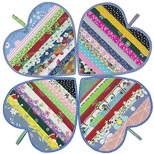 Jukway 4x Cotton Pot Holders for Kitchen,100% Cotton Fabric Patchwork Table Mats Set, Heat Resistant Pads with Pocket, Hanging Loop, Heart-shaped Potholder Teapot Mat Washable (10.5 x 10.5 Inch, 4PCS)