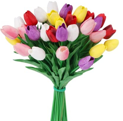 HAOSHICS 30 st konstgjorda tulpaner blommor falska latex tulpanstjälkar – äkta beröring falsk färgglad, för påsk vårbröllop bukett bordsuppsats blomsterarrangemang bröllop bordsdekor (flerfärgad 02)