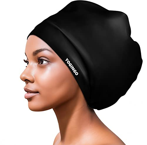 Extra Large Swimming Cap for Long Hair - Swim Cap for Braids and Dreadlocks, Weaves, Hair Extensions, Curls & Afros - Swimming Hat Women & Men - Silicone Adult Swimming Cap（Black）