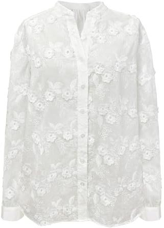 Olaesa Camicia a maniche lunghe da donna 2025 primavera ricamata con occhielli scollo a V camicia button down elegante casual boho top da lavoro, C bianco., S