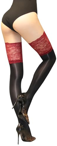 Kvinnors självfixerande strumpor sexig silikon halkfri spets topp glänsande oljiga självfixerande strumpor nylon dam 8 den, Svart-röd, One Size