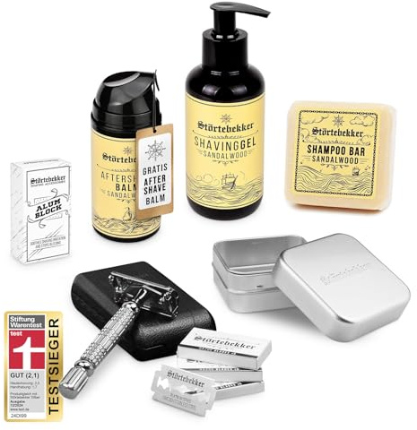 Störtebekker® Shower & Shave Essential Set - set de afeitado y ducha - con maquinilla de afeitar, gel de afeitar, after shave, piedra de alumbre, champú sólido y jabón de aluminio (Plata - Negro)