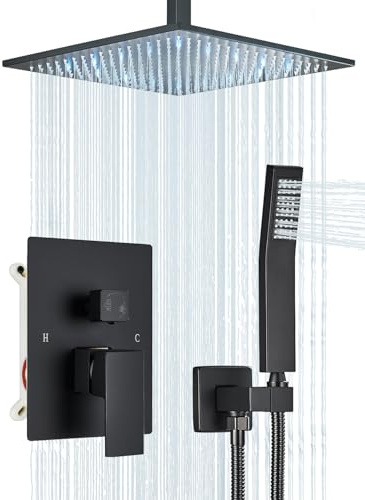 Saetow Juego completo de grifos de ducha de color negro mate con cabezal de ducha LED de alta presión de 16 pulgadas y sistema de ducha de montaje en techo rociado de mano, cuerpo de válvula rugoso y