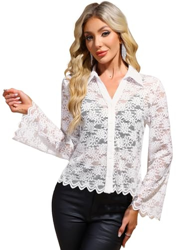 Allegra K Donna Camicia in Pizzo Manica Lunga Bluse Trasparente Elegante con Button Bianca XL