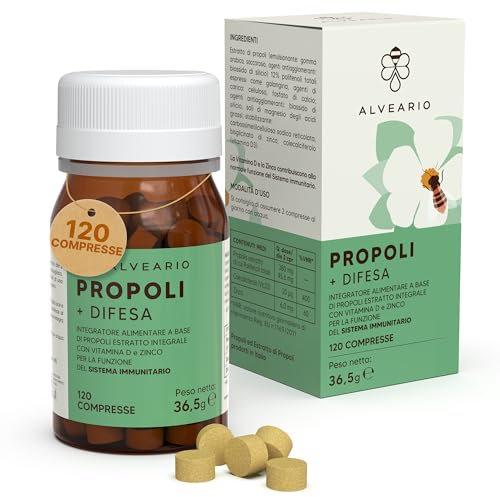 ALVEARIO Propoli + Vitamina D e Zinco | Rafforza Difese immunitarie 120 compresse adulti e bambini | Protegge dal Mal di Gola, Allevia la Stanchezza Fisica e Mentale