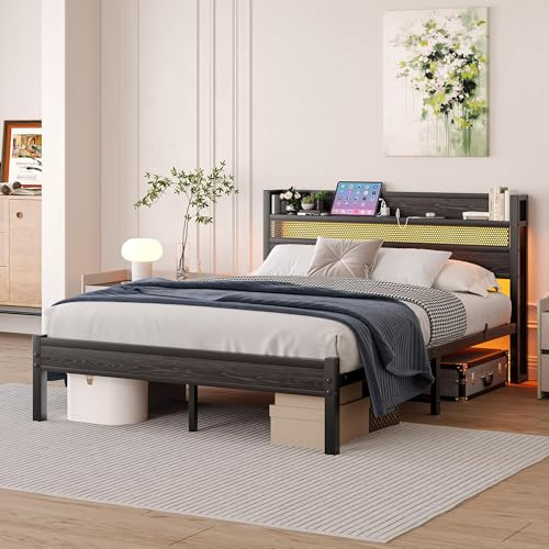 HAHRIR 140 x 200 cm Struttura letto in metallo con testata e stazione di ricarica/Illuminazione LED, Struttura letto in metallo a carico pesante, Robusti doghe in acciaio, marrone rustico